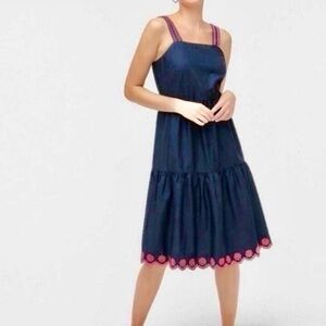 JCrew scalloped edge navy tiered dress with hot pink embroidery-size 2